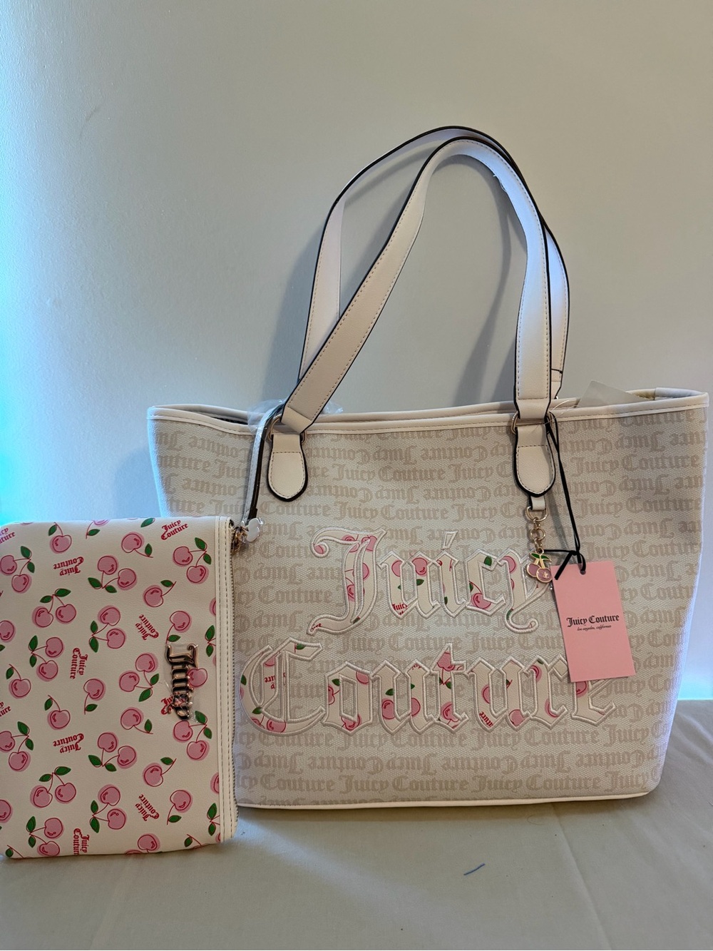 Juicy Couture Cream Logo Tote with Cherry Print Pouch